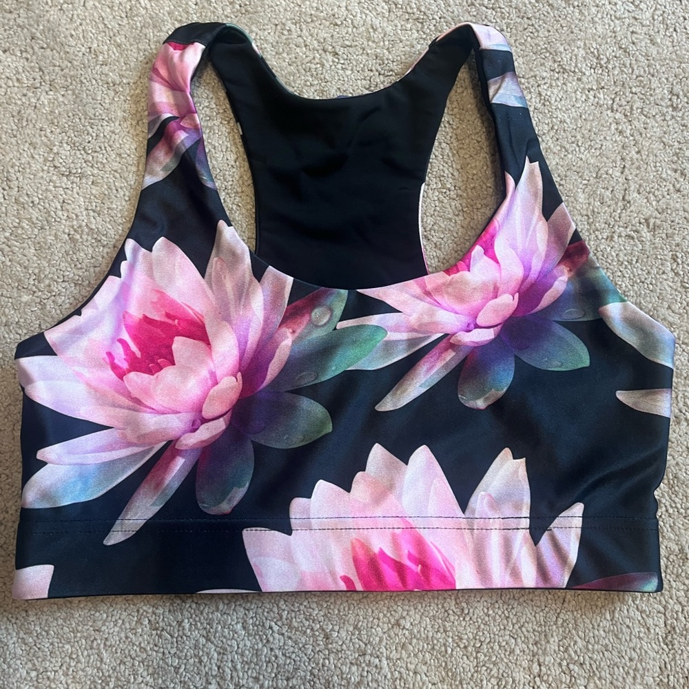 Terez Floral Sports Bra - Black and Pink